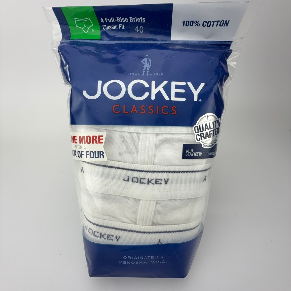 Jockey Classic Men 4 Pack Full-Rise Briefs White 100% Cotton Classic Fit Size 40